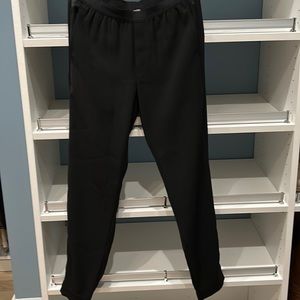 Vince black pant with satin striping down sides of legs.